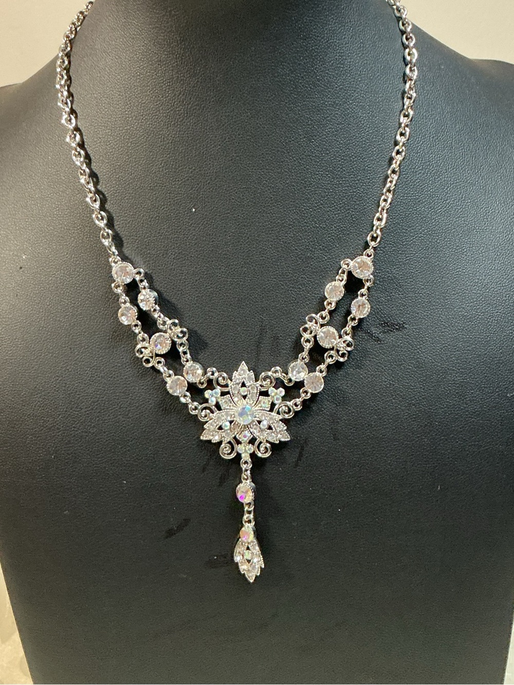 Aurora Borealis Rhinestones Festoon Silver Tone Drop Necklace